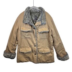 Fjall Tan Canvas Utility Barn Jacket Faux Fur Trim Workwear Coat Large Vintage